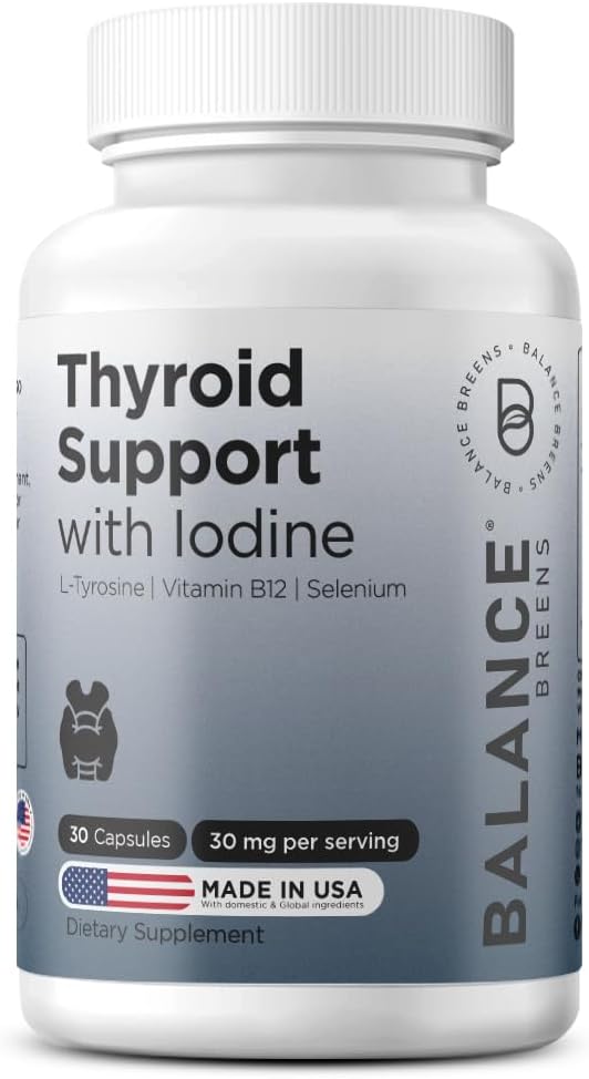 Balancebreens Příplatek pro podporu štítné žlázy s jódem, L-Tyrosin, Vitamin B12 & Selen, 30 Veg Kapsle - Energie, Metabolismus a Focus Podpora