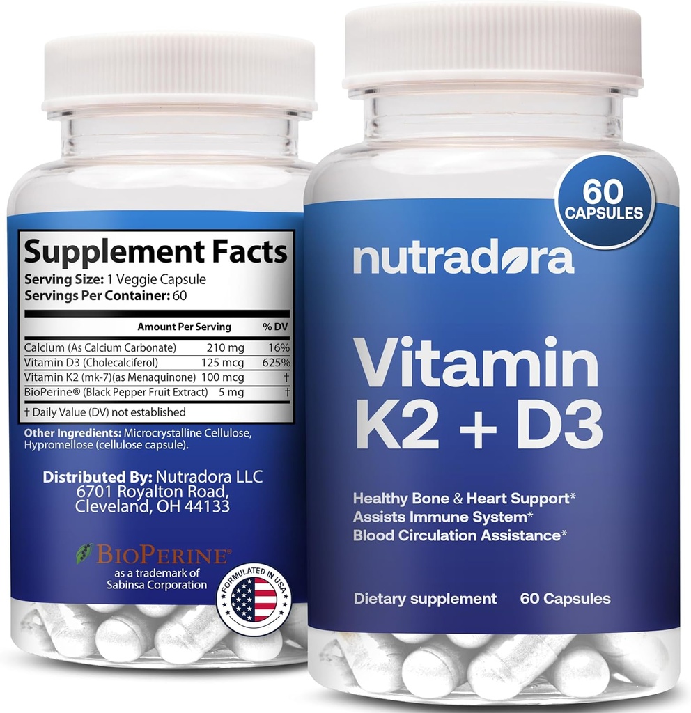 Vitamin D3 K2 Kapsle pro muže a ženy - K2 D3 Doplněk vitamínu pro zdravé srdce a podporu kostí, imunitní systém a pomoc při cirkulaci krve, vybavený v USA, 60 Veggie Kapsle