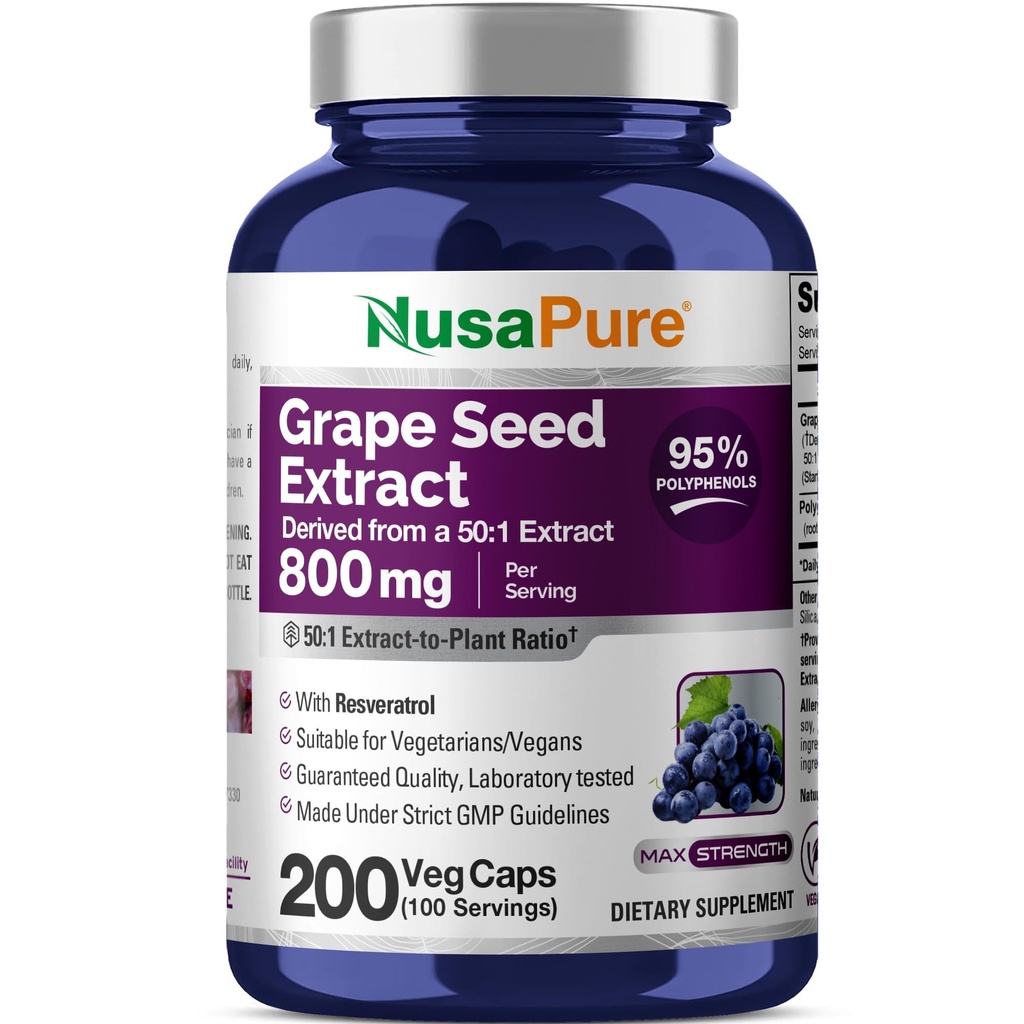 NusaPure Grape Seed Extract 40,000mg na kapslí, 200 Vegan Kapsle, Standardizované, Non- GMO, Gluten Free, Resveratrol