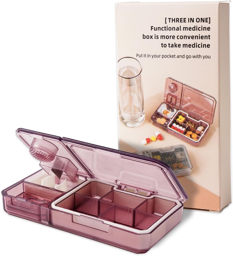 Pill Organizátor s Cutter Crusher: Travel Medicine Pill Organizátor pro kapesní kabelku držet vitaminy doplňky stravy, růžová