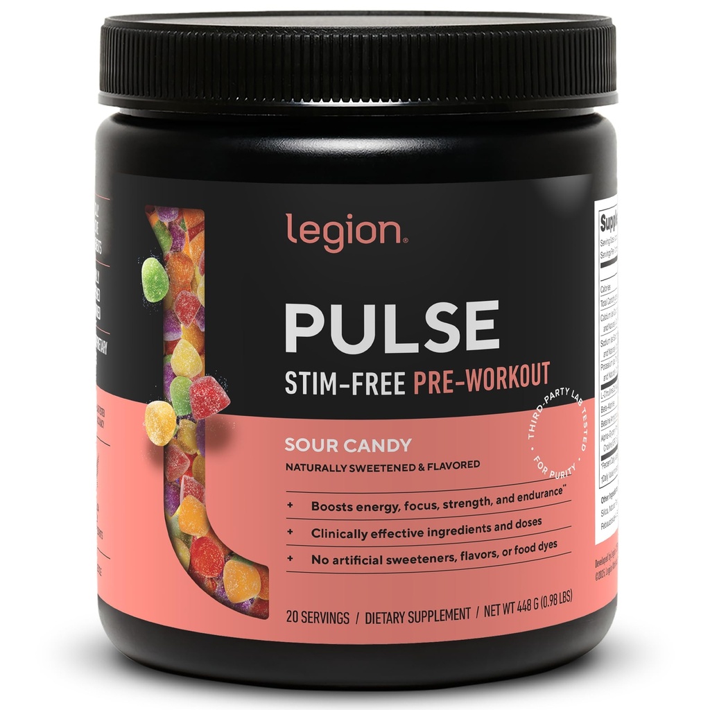 Legion Pulse Pre Workout Dodatek - Všechny přírodní oxid dusnatý Preworking Drink na zvýšení energie, Creatine Free, přirozeně slazené, Beta Alanin, Citrulline, Alfa GPC (Caffeine Free Sour Candy)