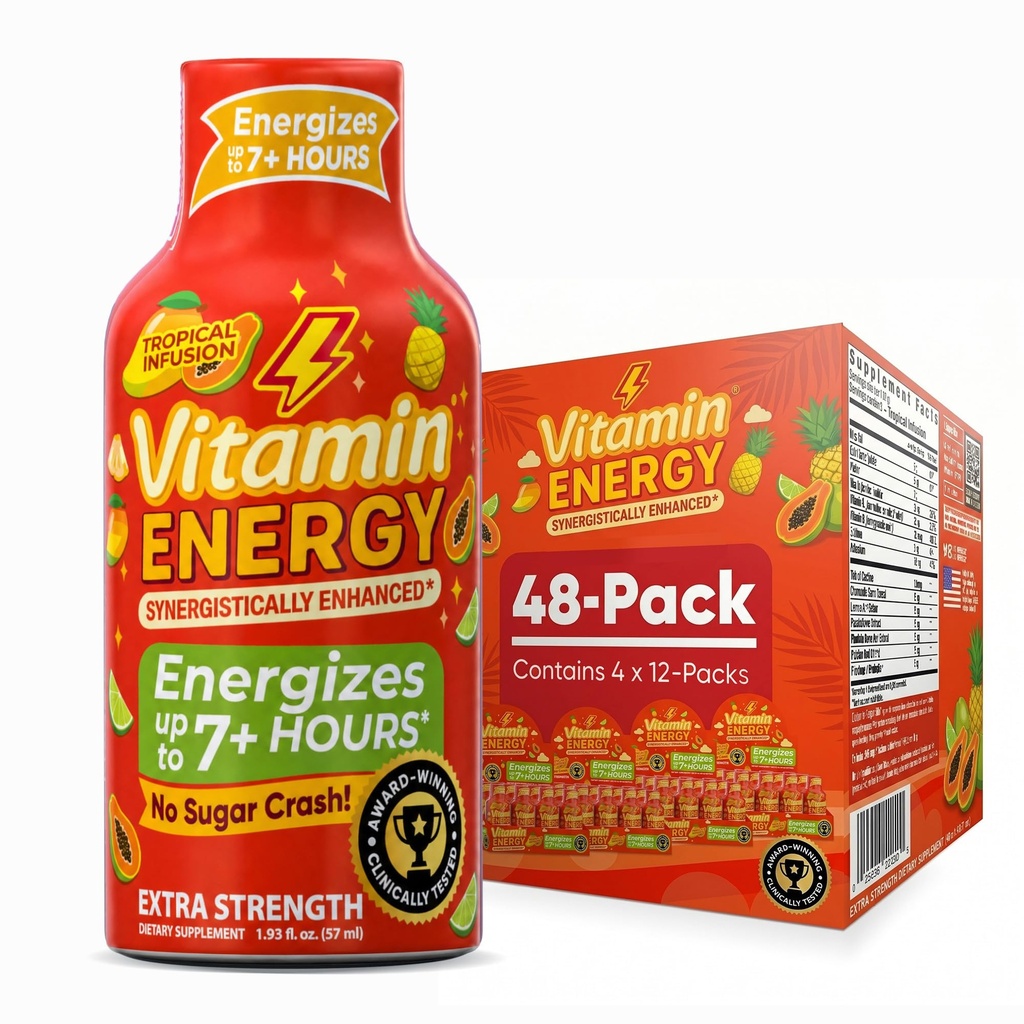 Vitamin Energy Focus + Extra Strength Energy Shot Tropical Infusion 48 Pack, 260mg přírodní kofein, B-vitaminy, CoQ10, aminokyseliny, Focus, Productivity & Clarity, Nulový cukr, gluten- Free, 1.93 fl oz