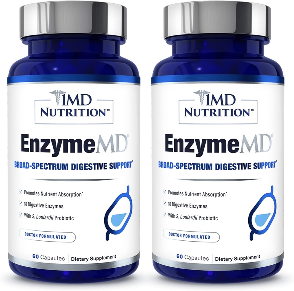 1MD Nutrition EnzymeMD - Příplatek k trávicím enzymům - Lékařské substituované enzymy 124; 18 Plant- based enzymy - Gas & Bloating Support PHAR124; 120 Kapsle (2- Pack)