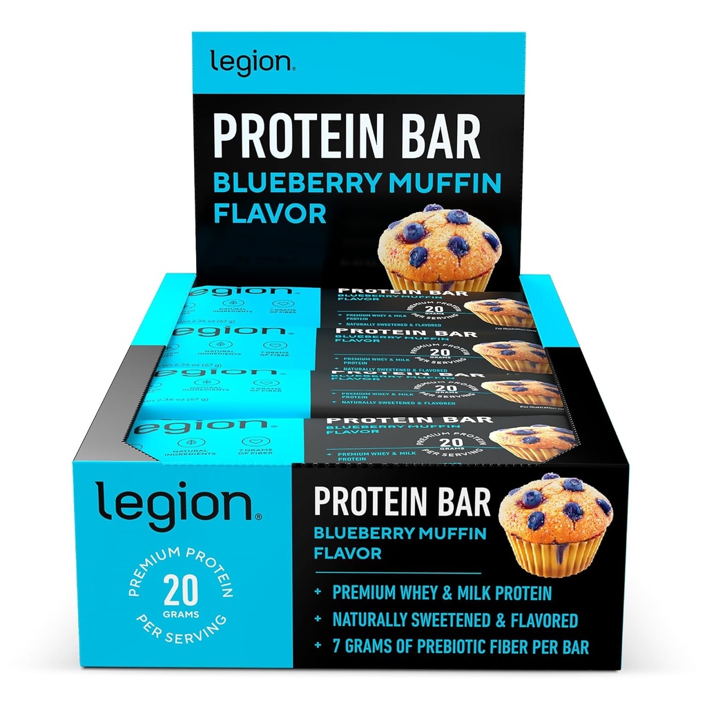 Legion Protein Bar Borůvkový Muffin - 100% syrovátkový protein, Soy Free Protein Bary s prebiotickým vláknem - Nízkotučný zdravý proteinový bar - gluten zdarma, přirozeně ochucené, Nízký cukr proteinové bary (12 Počet)