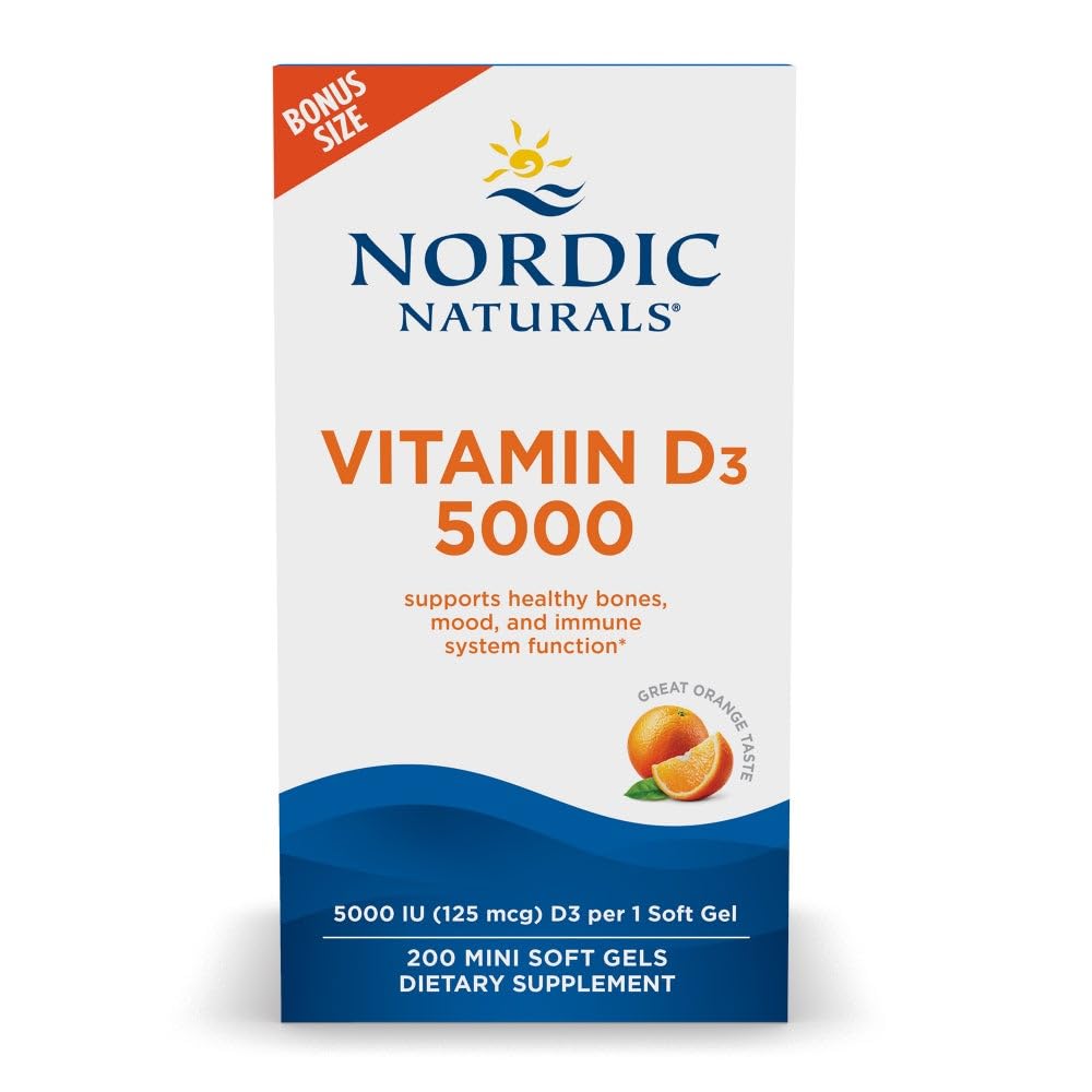 Nordic Naturals Vitamin D3 5000, Orange - 200 Mini měkké gely - Podpora zdravých kostí, nálada, a imunitní systém - Vegetariánské - Non- GMO - 200 Služeb