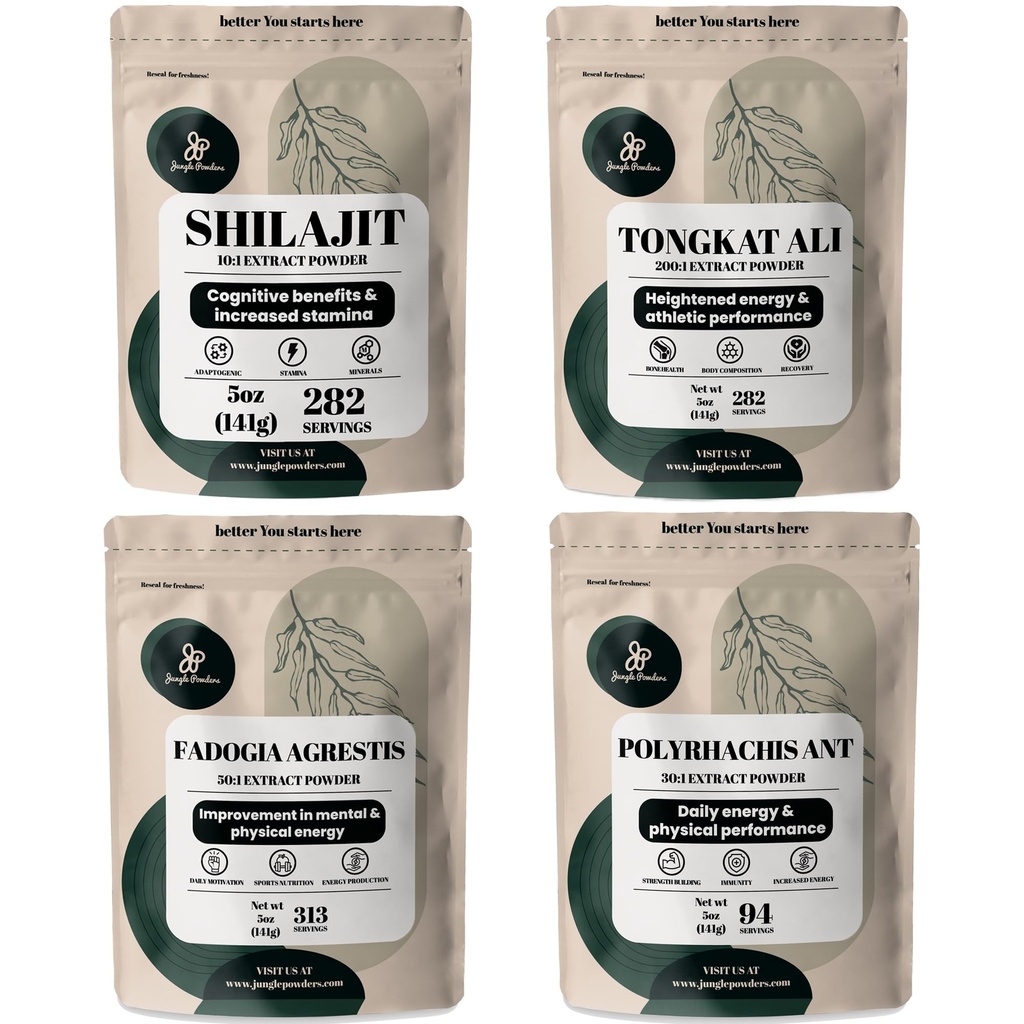 Jungle Powders Herbal Powders Bundle - Shilajit Powder, Tongkat Ali pro muže Powder, Black Ant Extract Powder, Fadogia Agrestis Extract pro muže Dodatek