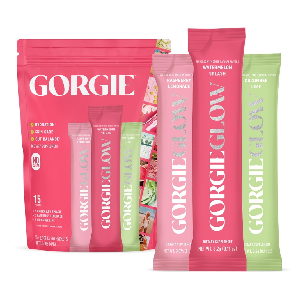 GORGIE Glow Variety Pack 15 Sticks, Electrolyte Powder Zdravý nápoj Mix, w / Hyaluronic Acid, Aquamin, Vitamin C & D, Probiotika, Bez cukru, Antioxidanty pro hydrataci, Péče o pleť, a Gut bilance