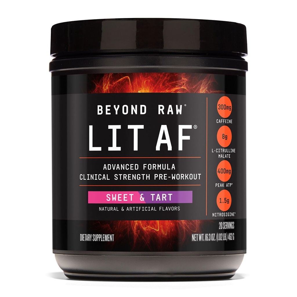 BEYOND RAW LIT Advanced Pre Workout Formule, Sweet a Tart, pro energii, Focus, Vytrvalost, Čerpadla, s 300mg rychlé a cílené uvolnění kofein, Creatine, Betaine, Beta Alanin, Taurin, 20 Služeb