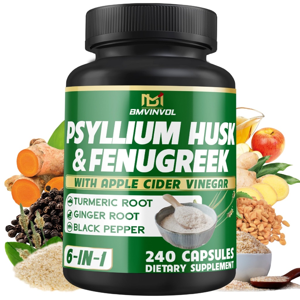 BMVINVOL Psylium Husk Fiber Supplement with Fenugreek, Apple Cider ocet, Turmeric, Ginger, Black Pepper- Digestion Health Support - 240 Kapsle