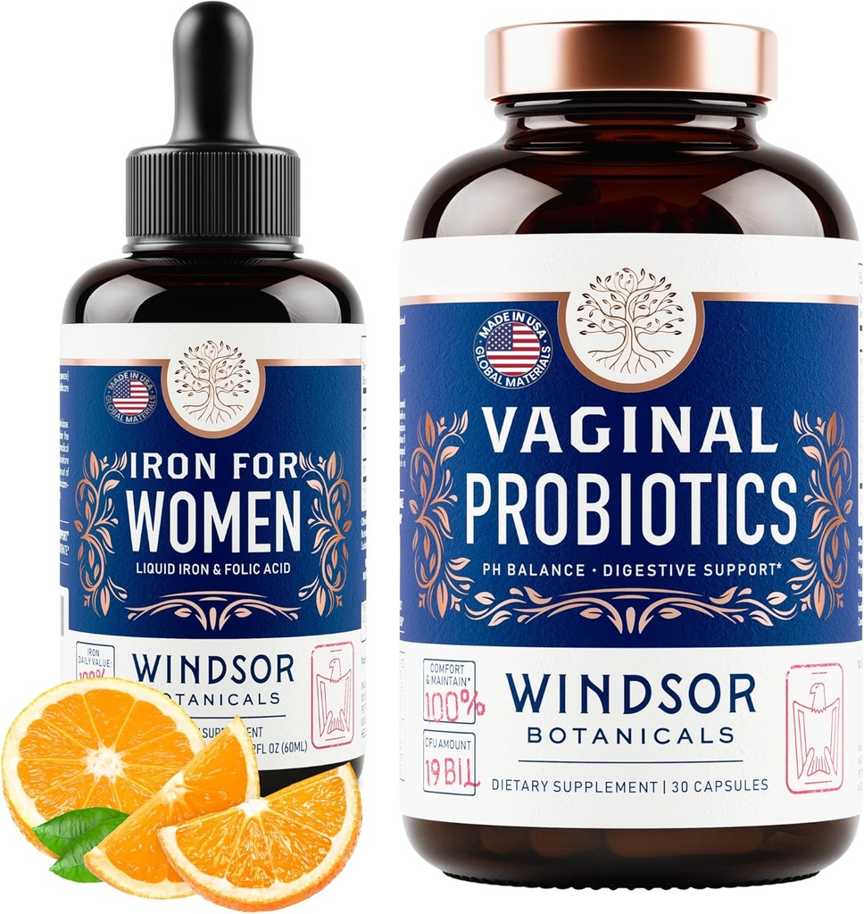 WINDSOR BOTANICALS Vaginální probiotika a tekuté železo doplněk ženské podpory zdraví Bundle
