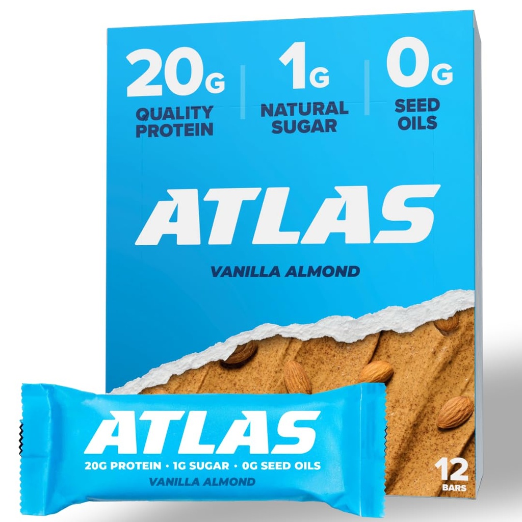 Atlas Protein Bar, 20g protein, 1g cukr, čisté přísady, gluten zdarma, vanilková mandle (12 Počet, balení po 1)