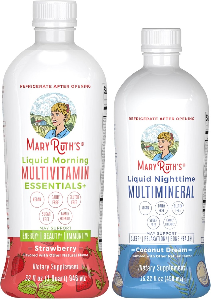MaryRuth 's Liquid Morning Multivitamin (Strawberry) & Liquid Nighttime Multimineral (Coconut, 15oz) Yellow 124; Clean Label Project Ověřený ® Iber124; Vegan Vitamíny pro energii, Bedtime Routine, a celkové zdraví