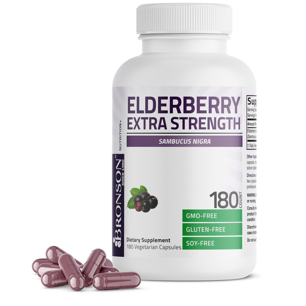 Bronson Elderberry Extra Síla, Podporuje zdravý imunitní systém a antioxidant ochrana, Non GMO, 180 Vegetariánské kapsle
