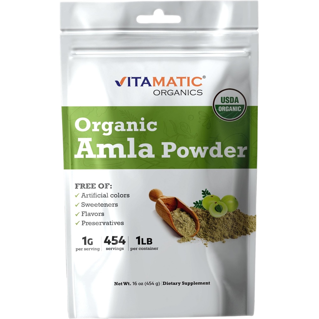 Vitamatic Certified USDA Organic Amla Berry Powder - 1 LB (16 oz) Amalaki CZ124; bohaté na přírodní vitamín C & Antioxidanty CZ124; Podporuje imunitní zdraví CZ124; Gluten- Free, Non- GMO, Kosher