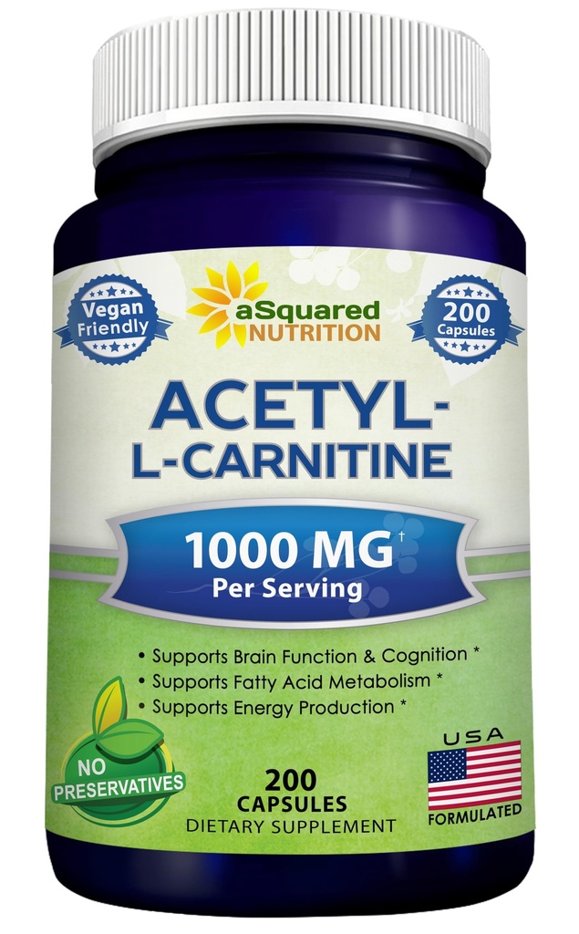 aSquared Nutrition Acetyl L- karnitin 1000mg Max Strength - 200 Veggie Kapsle - Vysoké dávkování Acetyl L Carnitin HCL (ALCAR) Doplněk pilulky na podporu čisté energie, funkce mozku a mastné kyseliny