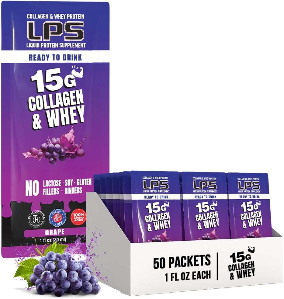 Nutriční vzory LPS tekutý kolagen & syrovátka doplněk - Non- GMO nápoj, Sugar- Free - Podporuje zdravou pleť & vlasy pro muže a ženy, Grape, Single Serve (50 Packets)