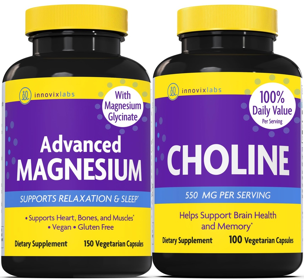 InnovixLabs Cholin & Magnesium Bundle Choline Bitartate 550mg (100 tobolek) Advanced Magnesium (150 tobolek). Podporuje paměť, nálada, zdraví mozku a posílení vědomí. *