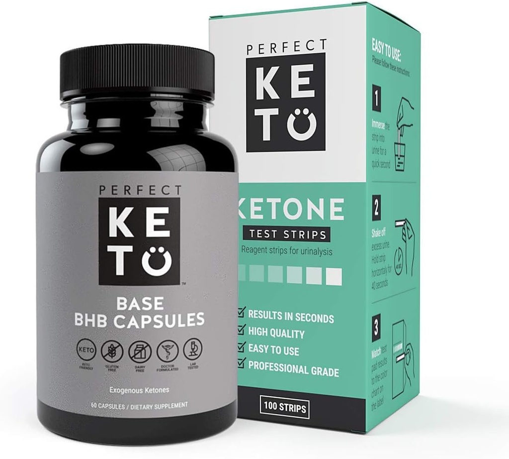 Perfektní Keto Exogenous Ketones Base BHB dodatek (60 Kapsle) - Ketogenní dietní podpora řízení hmotnosti, Energie & Focus - Ketosis Beta- Hydroxybutyrát s (100 ks) Keto Strips Bundle