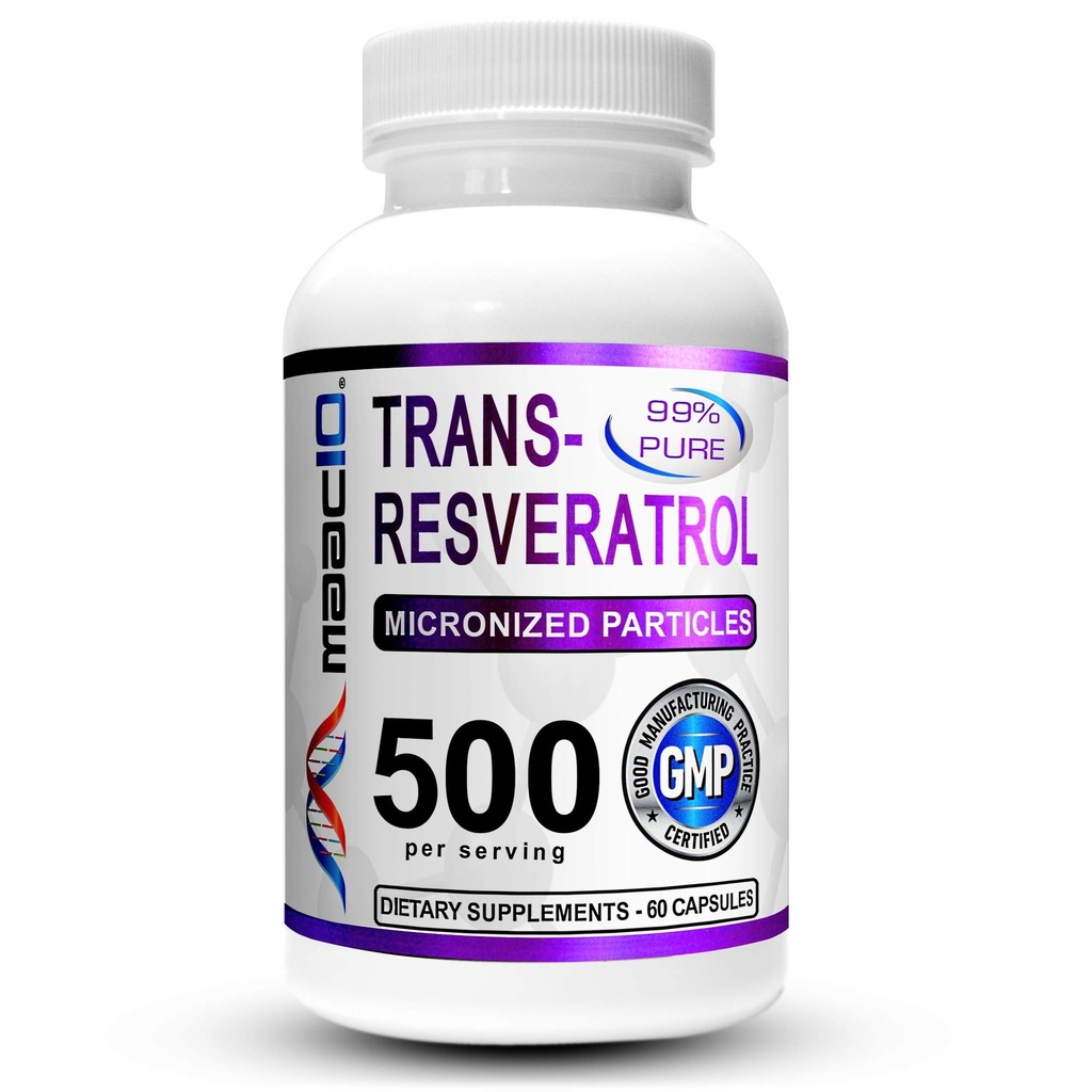 MAAC10 Trans Resveratrol 500mg dodatek (Mikronizované farmaceutické stupně 99% čistý Trans- Resveratrol Extract + BioPerine pro vyšší absorpci) (2X 250mg Kapsle 60ct)