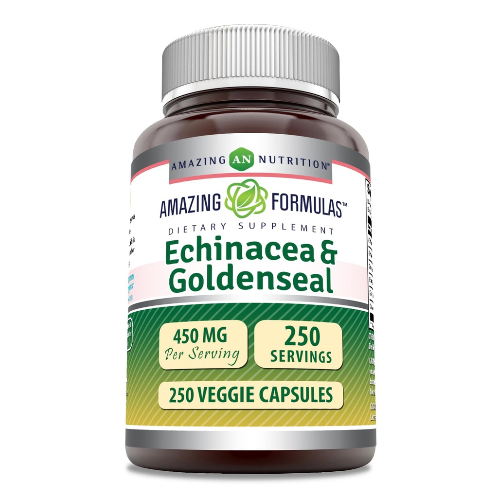 Amazing Applicas Echinacea s Goldenseal dodatek 124; 450 Mg CLANE124; Veggie kapsle 124; Non-GMO CLANE124; gluten Free CLANE124; Made in USA (1 balení, 250 Počet)
