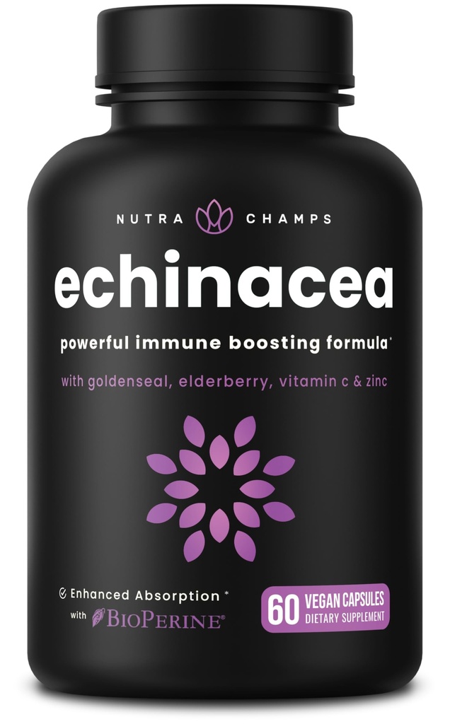 NutraChamps Echinacea Kapsle 1000mg - 8-in-1 Imunitate Supplement - Echinacea Goldenseal, Vitamin C, Zink, Ginger, Elderberry - 60 Kapsle