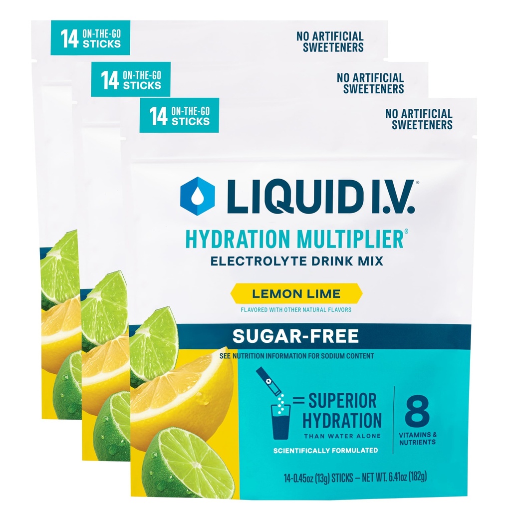 Liquid I.V. ® Hydration Multiplier ® Sugar-Free - Lemon Lime - Hydration Powder Packets CU124; Electrolyte Powder Drink Mix CU124; Pohodlné Single- Serving Sticks CU124; Non- GMO CU124; 14 Servingů (balení po 3)