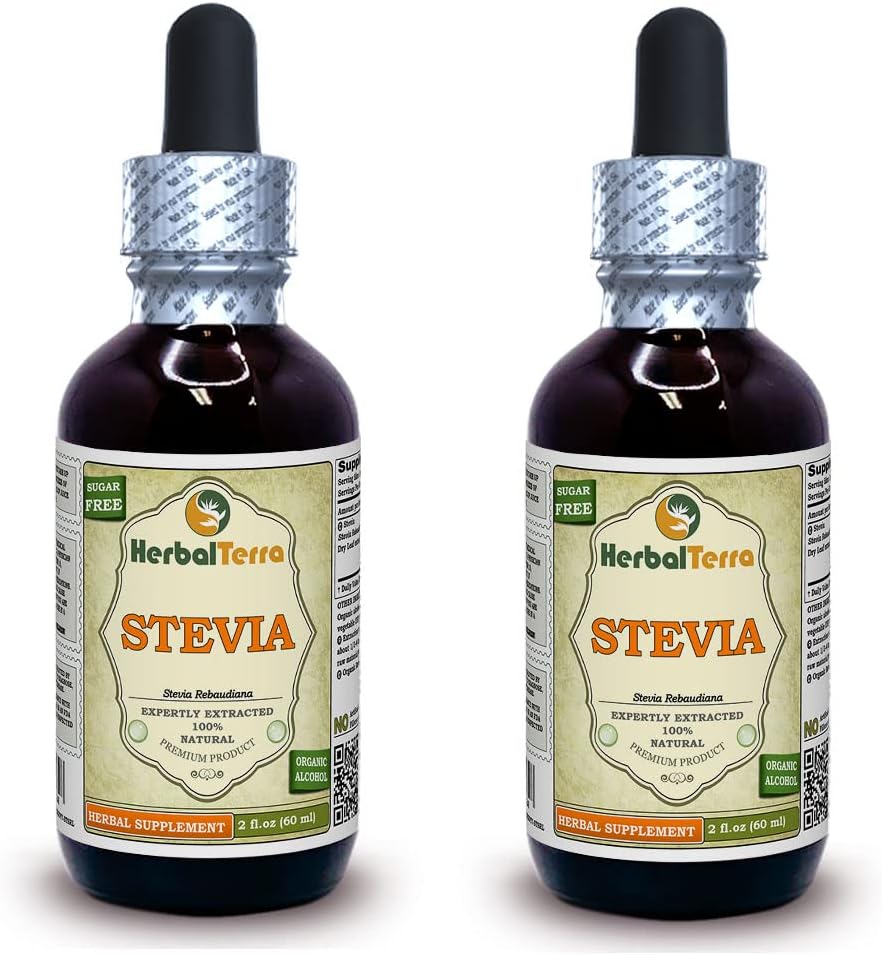 Stevia (Stevia Rebaudiana) Tincture, Organic Sured Leaves Liquid Extract (Značka: HerbalTerra, Proudly Made in USA) 2x2 fl.oz (2x60 ml)