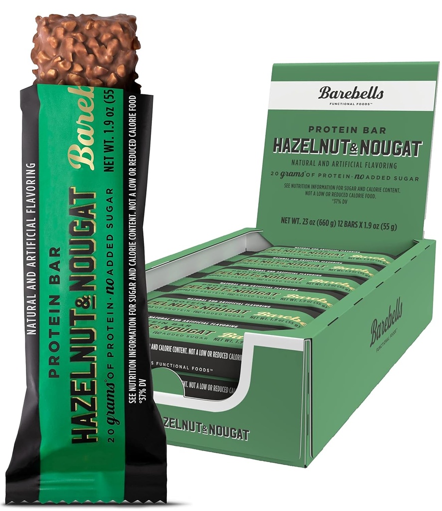 Barebells Protein Bars Hazelnut & Nougat - 12 Hrabě, 1.9oz Bary - Protein Snacks s 20g High Protein - Čokoládový protein Bar s 1g celkové cukry - Na Go Protein Snack & Breakfast Bary