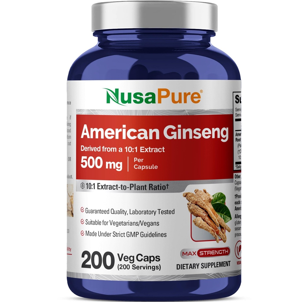 NusaPure American Ginseng 10: 1 Extract, 500 mg Ekvivalentní k 5000mg - 200 Veggie Kapsle (Vegetarian, Non- GMO, Vegan)