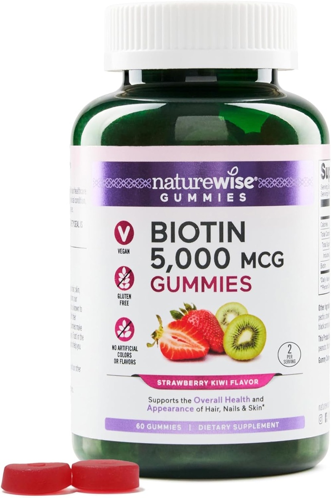 NatureWise Biotin Gummies - Podporuje zdravé vlasy, kůži a silné nehty - Vitamin B7 5000mcg - Přírodní krása - Strawberry-Kiwi Flavor - Vegan, Non- GMO, Lepek zdarma - 60 Počet [30 Day Supply]