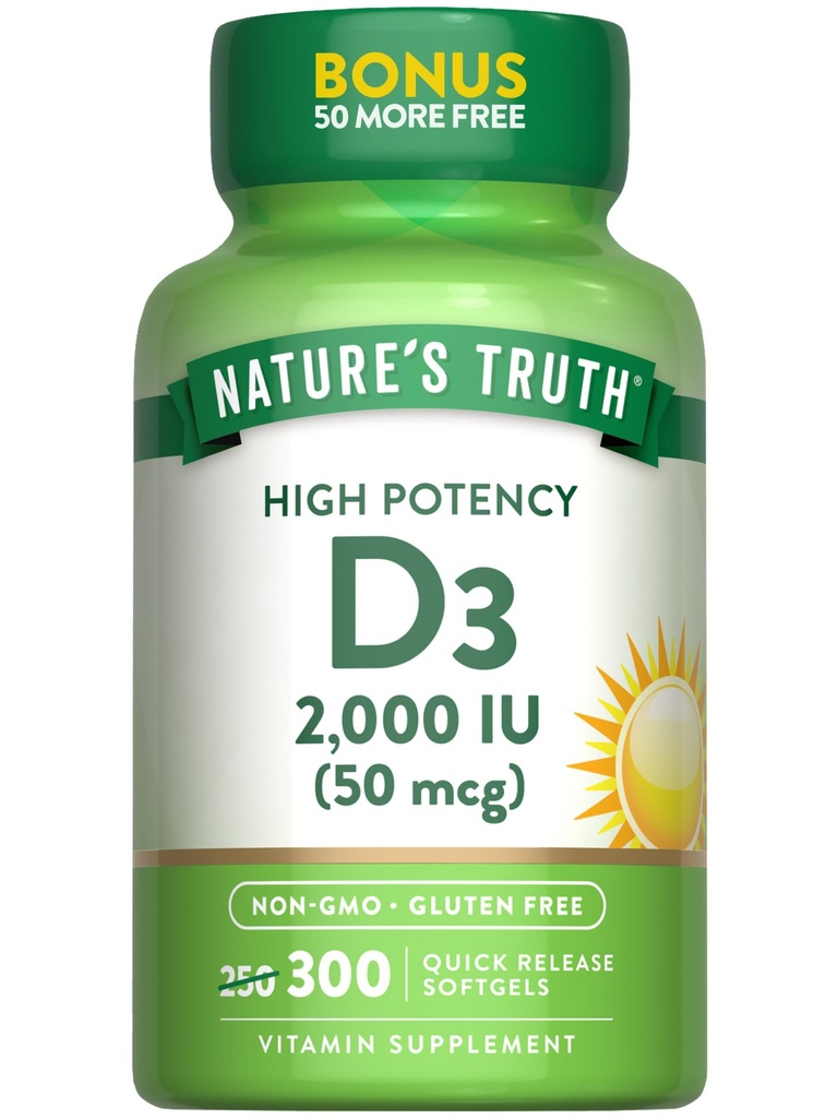 Nature 's Truth Vitamin D3 2000 IU PHARMAN124; 300 Softgels PHARMAN124; High Potency Formule PHARMAN124; Non-GMO & Gluten zdarma dodatek