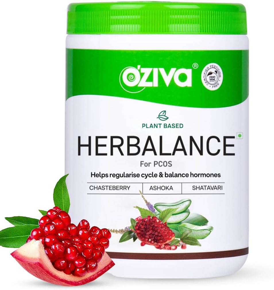 OZIVA Plant based HerBalance for PCOS CLANE124; PCOS dodatek pro ženy pro hormonální rovnováhu a lepší menstruační cyklus CLANE124; PCOS Drink with Inositol, Shatavari, Chasteberry, Ashoka Certified Clean & Vegan, 250g