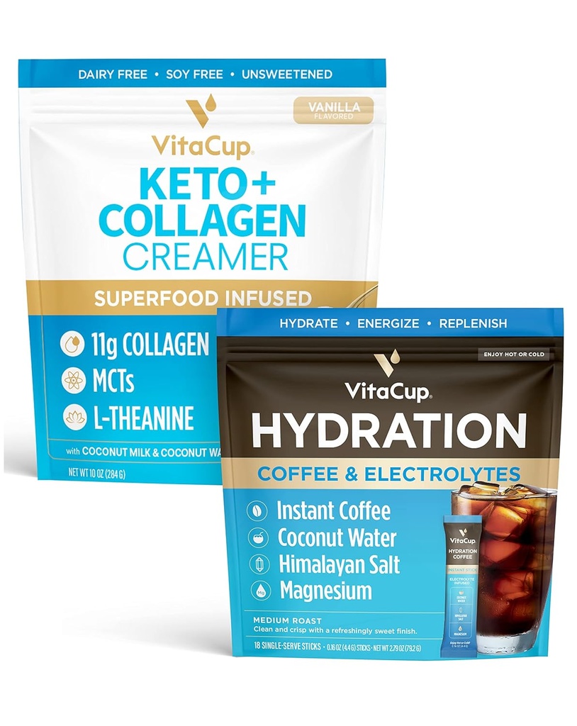 VitaCup Hydration Instant Coffee Sticks w / Electrolytes, Coconut Water, Medium Roast 18ct & Keto + Collagen Vanilla Coffee Creamer w / Superfoods & MCTs, 10 oz