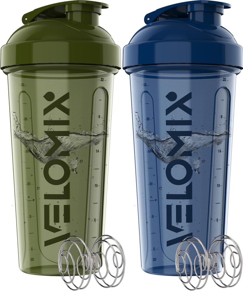 VELOMIX -2 Pack- 28 oz Lahvičky s proteinem pro proteinové směsi - 2x Wire Whisk CUP 124; Leak Proof Shaker Cups pro protein shakes CUL 124; Pre Workout Shaker Bottle CUL 124; Shakers pro protein Shakes- Green & Blue