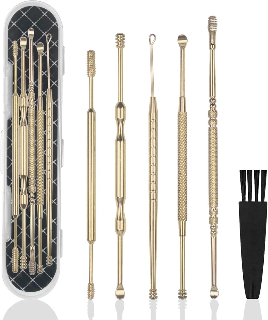 Hion 6 Pcs Extended Uar Wax odstranění Kit, Profesionální Double- Head Uar Pick Earwax odstranění nástrojů, 316L nerezová ocel Čistič sluchu Curette s čistícím kartáčem a úložný box, oblek pro dospělé děti (Gold)
