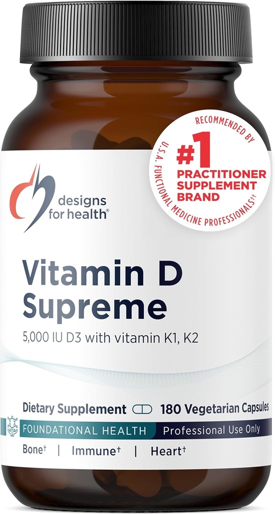 Designy pro zdraví Vitamin D Supreme - Vitamin D 5000 IU s 2000mcg Vitamin K jako MK4 pro zdraví kostí, Zdraví srdce, Mood & Imunitní Podpora - Vitamin D3 Vylepšený GG Dodatek (180 Kapsle)