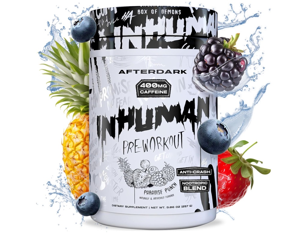 AFTERDARK INHUMAN Pre- Workout Powder, Enhanced Mind- Muscle Connection, Setrvalá energie, Potentní nootropní směs, Vegan, gluten- Free, Soy- Free, 400mg kofein, No Crash, Paradise Punch