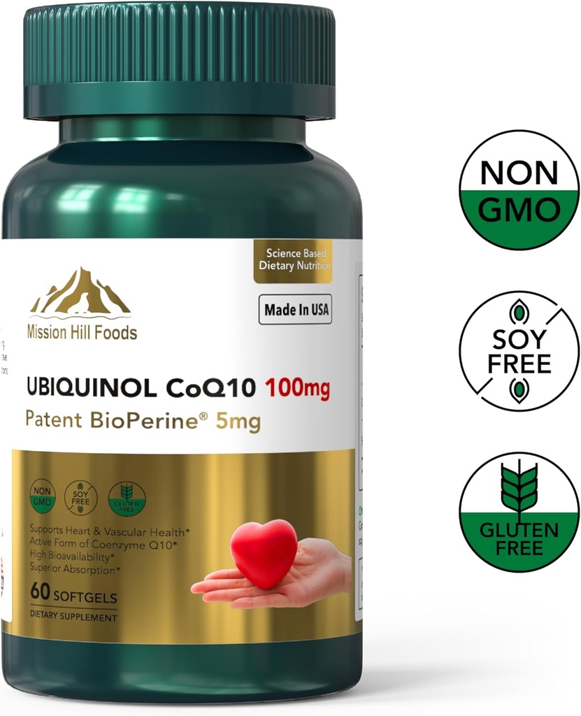 Premium Ubiquinol CoQ10 + BioPerine (100mg) PHR124; Antioxidant pro srdeční zdraví (1 Bottle- 60 Softgels- 2mo Supply) PHR124; High Absorption Heart & Cévní vitaminy PHR124; Non- GMO & Gluten Free