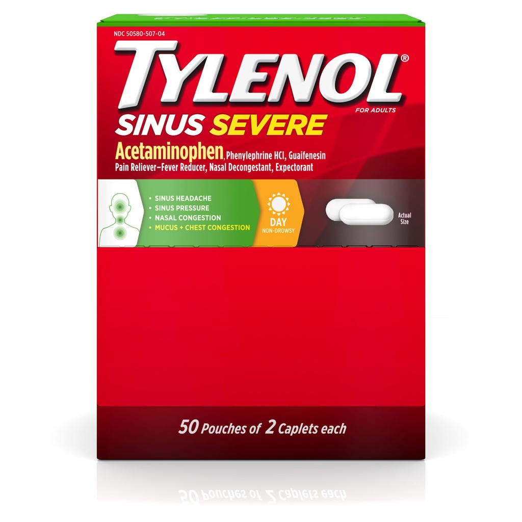 Tylenol Sinus Těžké Daytime Kaplety s Acetaminophen 325mg, Guaifenesin 200mg & Fenylephrin HCl 5mg, Non- Drowsy Pain Reliever, Expectorant & Nasal Decongestant, 50 Cestovní balení po 2 ct