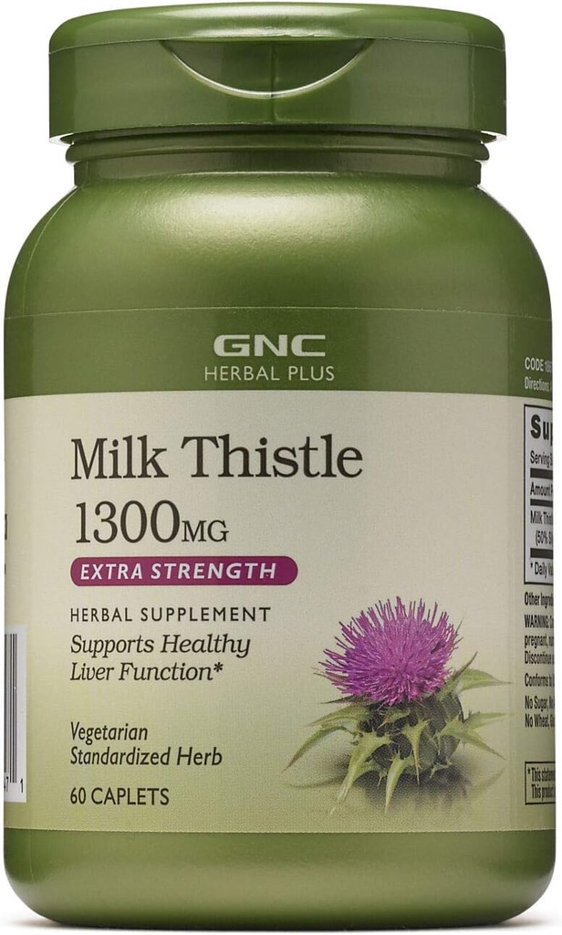 GNC Bylinné Plus Mléko Thistle 1300mg Dodatek, Extra síla, Vegetariánské, Podporuje zdravé funkce jater, 60 Služeb