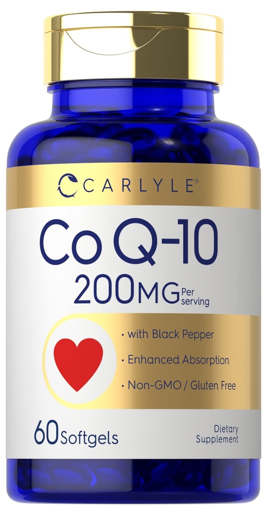 Carlyle CoQ10 200mg Softgels CLAS124; 60 Počet CLAS124; s Black Pepper CLAS124; Enhanced Absorption CLAS124; Non- GMO, gluten zdarma dodatek