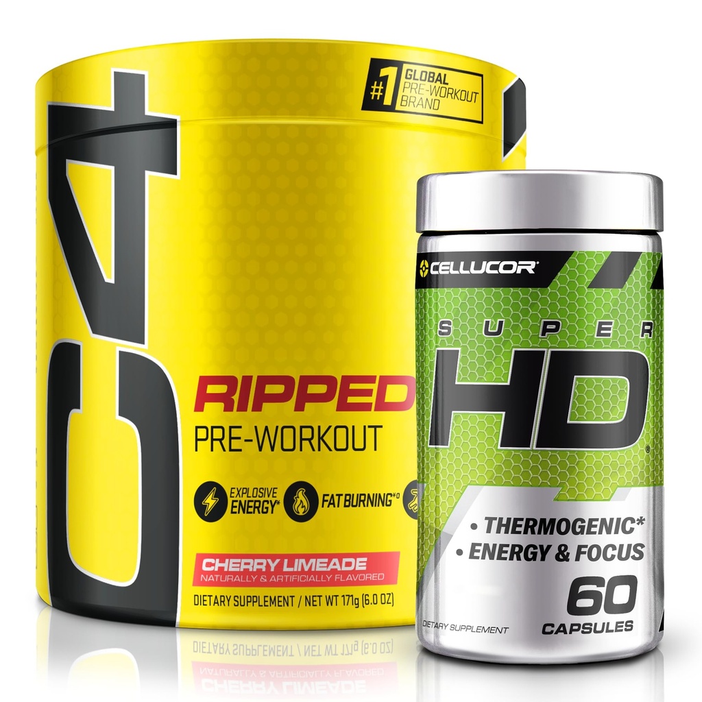 C4 Ripped & SuperHD, Termogenní pouzdro, C4 Ripped Pre Workout Powder, Cherry Limeade 30 Servings + SuperHD s Capsimax a Green Tea Extract, 60 Servings