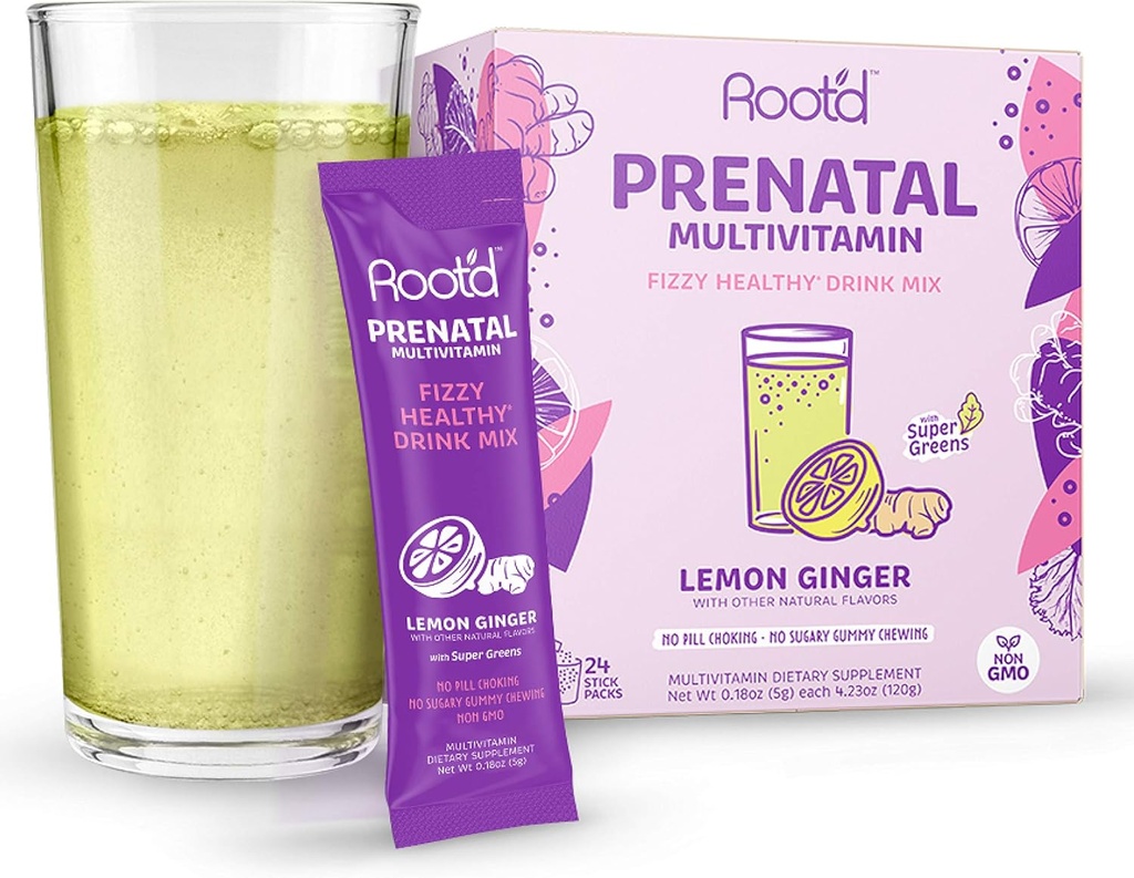Rootd - Prášek Prenatal Vitamin - Těhotenství Multivitamin s 25 Vitamíny & Minerály A, C, D, E, B12, B6, K, Železo, Folát, Probiotika, Organické Super Zelených 124; Lemon Ginger 124; 24 Effervescent Stick Packs