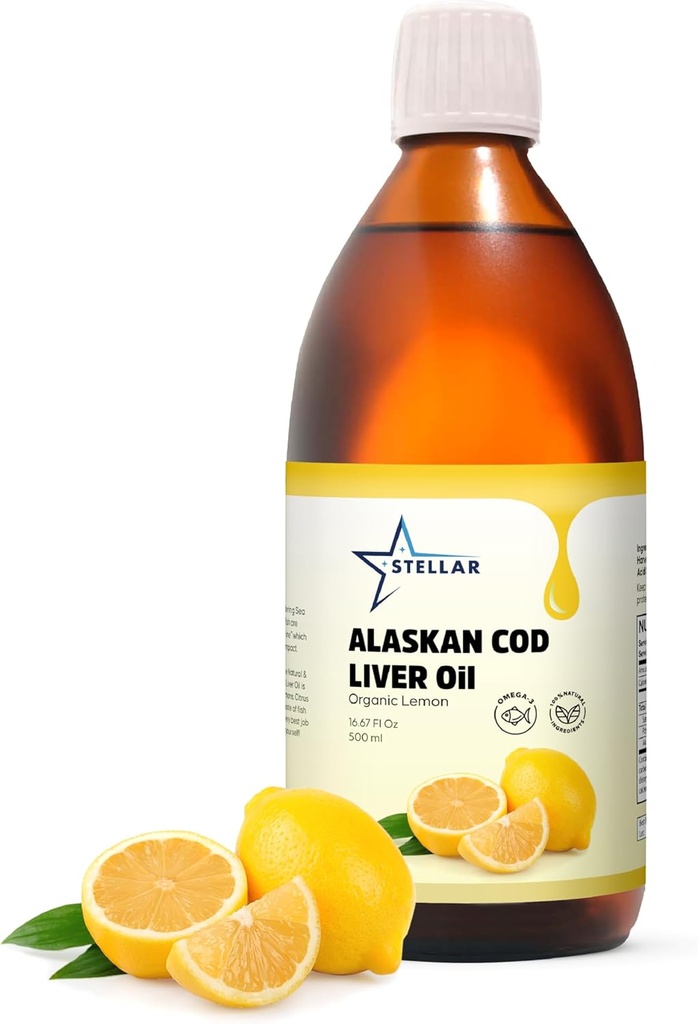 Hvězdné Aljašské Cod Játra Oil - Organic Lemon, 16.67 oz current 124; Wild-Catched in USA current 124; Rich in Omega33 DHA / EPA & Vitamin D Curren124; Non- GMO Certified current 124; Podporuje srdce, mozek a imunitní zdraví