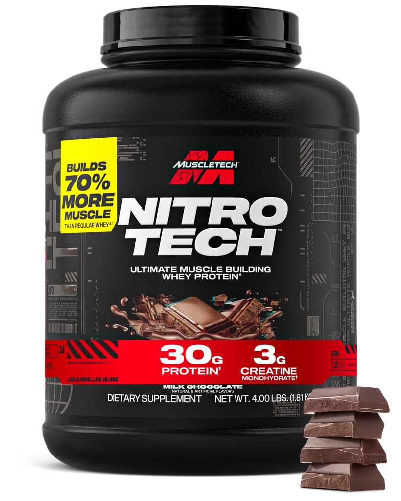 Muscletech Whey Protein Powder (Mléčná čokoláda, 4 libry) - Nitro- Tech Ultimate Muscle Building Formule with Syley Protein Isolate - 30g proteinu, 3g Creatine & 6.8g BCAA - Balení May Vars