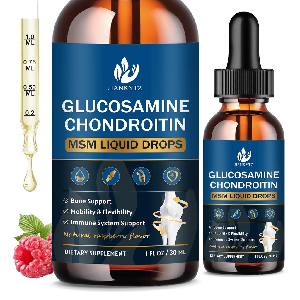 (2 Pack) Glucosamine Chondroitin MSM Liquid Drops, High Absorption, Antioxidant, Imunitní, Kostní podpora, MSM dodatek pro muže a ženy, Vegan, Sugar- Free, Malina Flavor, 1 Fl Oz