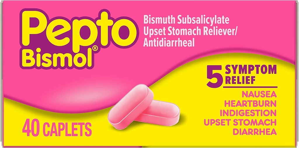 Pepto Bismol Kapsle pro nausea, Heartburn, Nežití, Upravený žaludek a průjem, 5 Symptom Rychlá úleva v pohodlné formě, 40 ct
