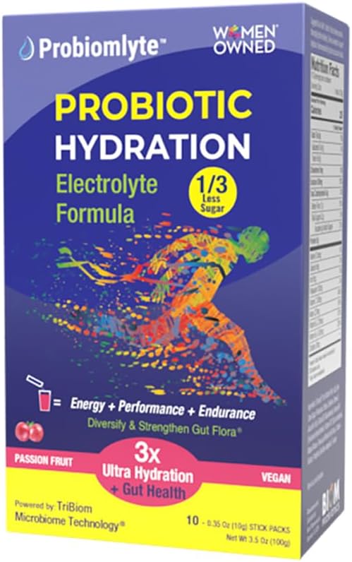Probimlyte Probiotický Hydratační zesilovač. Electrolytes + Key Vitamíny + Probiotika + Prebiotika + Postbiotika + Citrulline CLAS124; Lepší vytrvalost, výkon, energie, Gut Health CLAS124; Passion Fruit CLAS124; 10 klacků