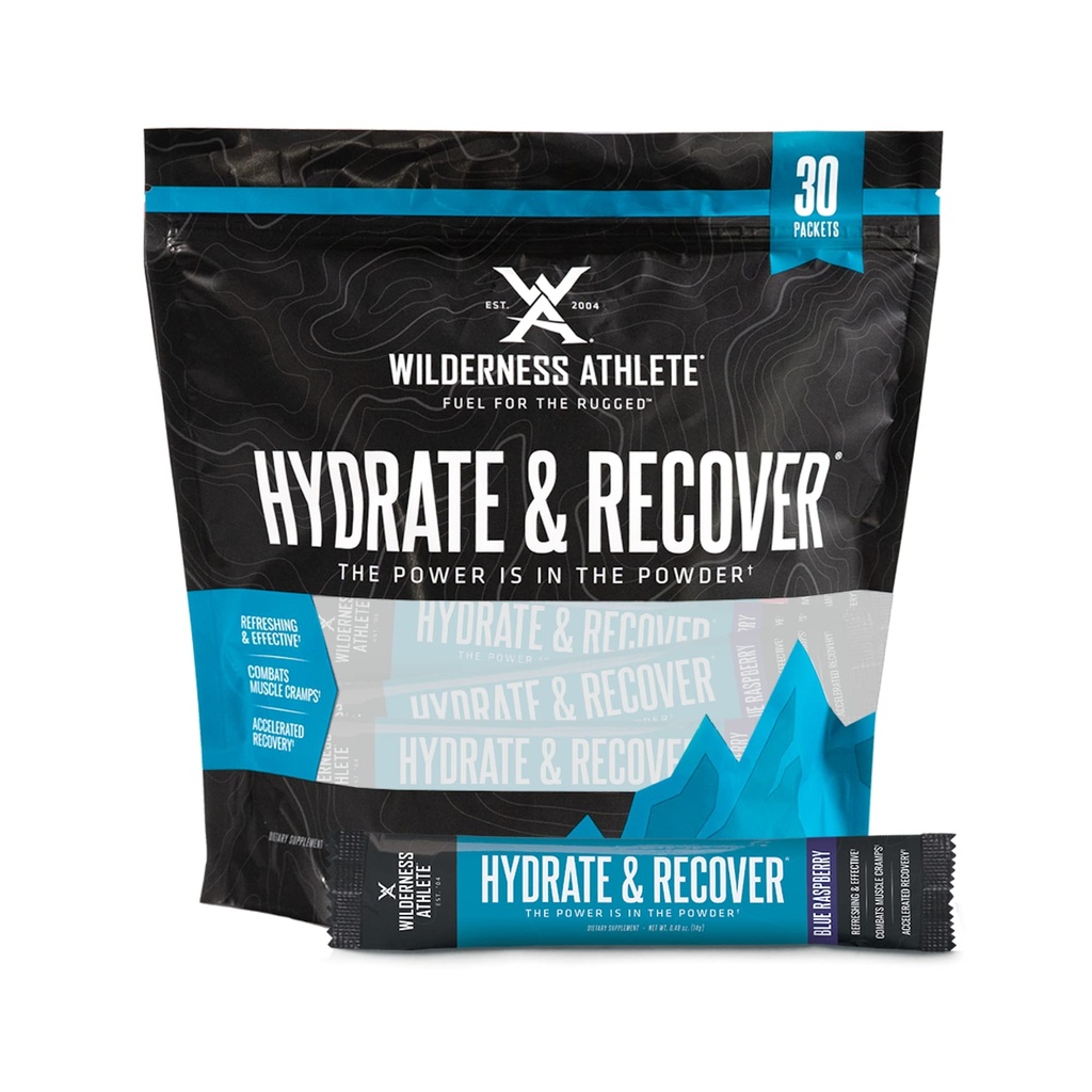 Wilderness Athlet - Hydrate & Recover 124; Liquid Hydration Packets Electrolyte Drink Mix - Recover Faster with Bcaas - 30 Single Serving Hydrate Packets (Blue Raspberry)