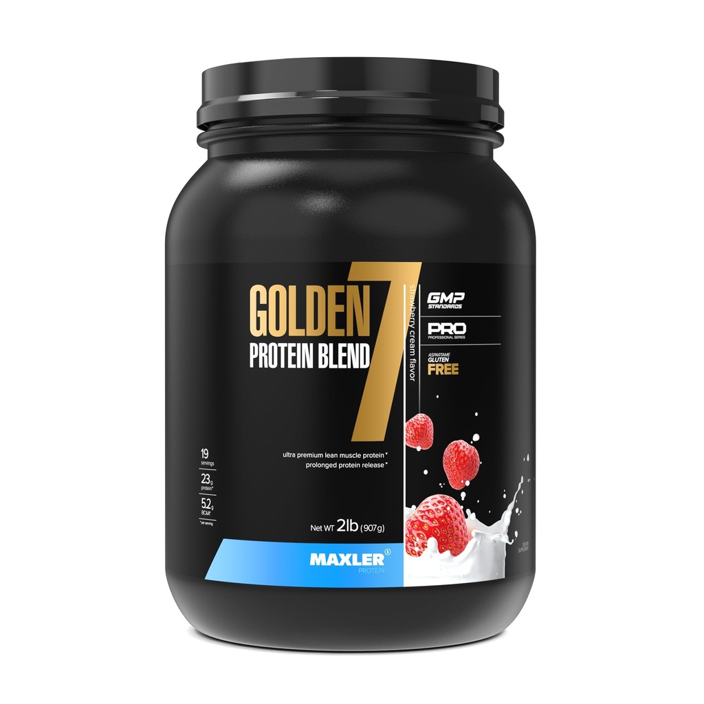 Maxler Golden 7 protein směs - proteinový prášek pro svalovou výtěžnost a zotavení - jahodový protein prášek 2 lb